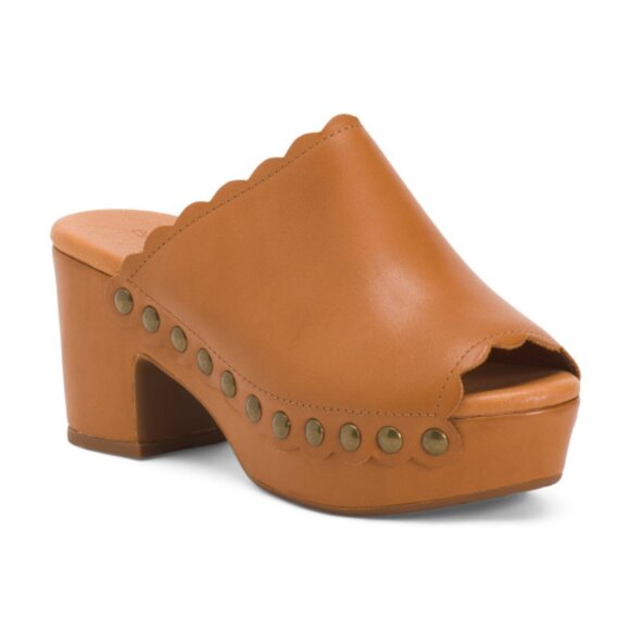 NEW CHOCOLAT BLU Leather Gold Heeled Mules in tan for women 825 6m3 - Picture 3 of 9